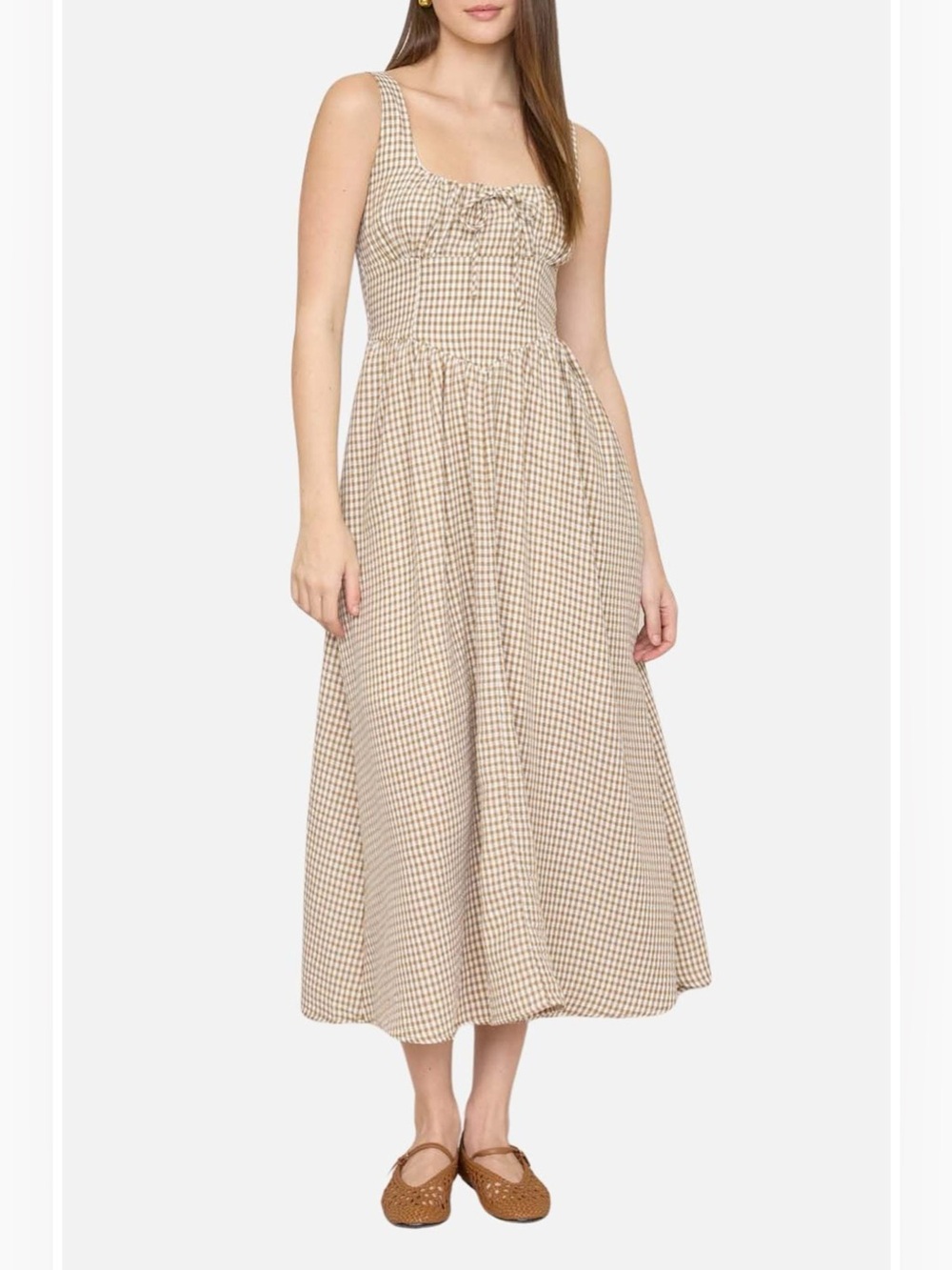 Jessica Simpson Gingham Midi Dress with Square Neck Fit and Flare Brown size M